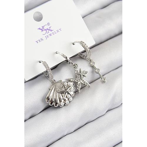 Pirin� Zirkon Ta�l� 3'l� Y�ld�z Ve �stiridye Model G�m�� Renk Kad�n K�pe