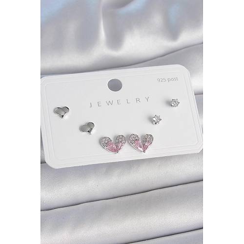 Pirin� G�m�� Renk Pembe Zirkon Ta�l� Kalp Model 925 Ayar G�m�� �ivi Kad�n K�pe Seti