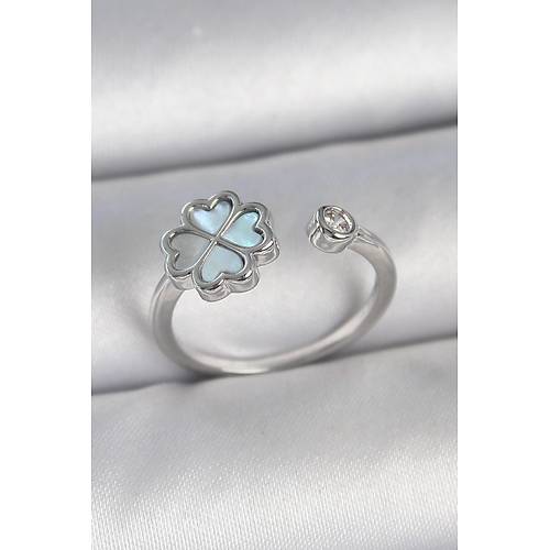 Pirin� G�m�� Renk Mavi Mineli Yonca Model Zirkon Ta� Detay Ayarlanabilir Kad�n Y�z�k