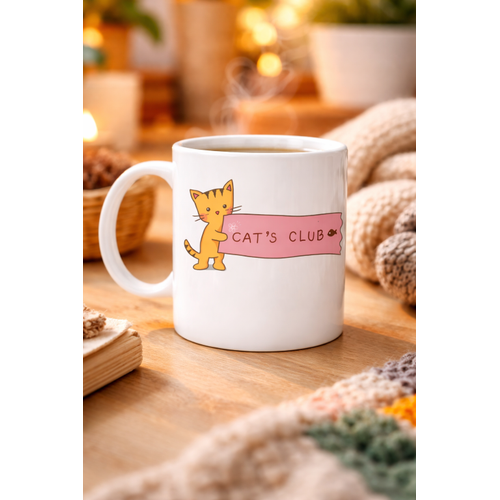 Cat�s Club Kedi Desenli Porselen Kupa MODEL 68 � Sevimli Turuncu Kedi Fig�rl�, Kahve & �ay Kupas�, Kedi Severlere �zel Hediye