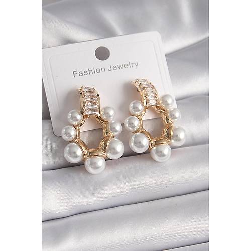 Pirin� Gold Renk Zirkon Ta�l� Su Yolu �ncili Halka Model Kad�n K�pe