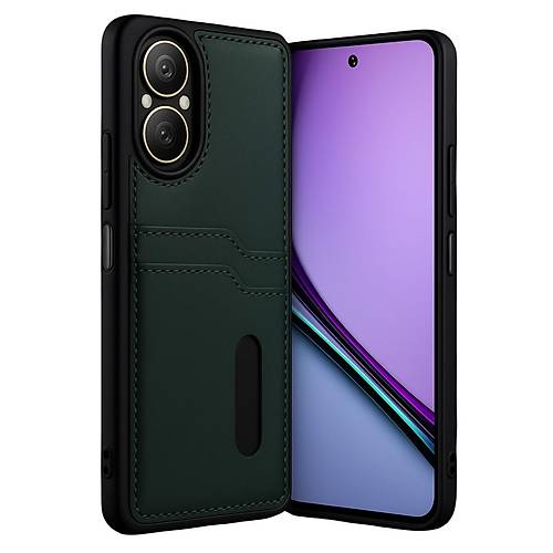 Realme 12 Lite K�l�f Sara Kartvizitli Deri K�l�f - Koyu Ye�il