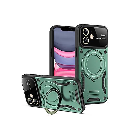 iPhone 11 K�l�f Joy Lens Standl� Kapak - Koyu Ye�il
