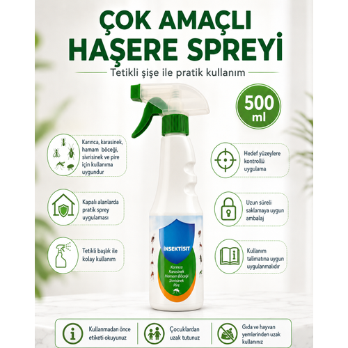 �ok Ama�l� Ha�ere Spreyi 500 ml Tetikli �i�e Kar�nca Karasinek Sivrisinek Hamam B�ce�i ve Pire ��in