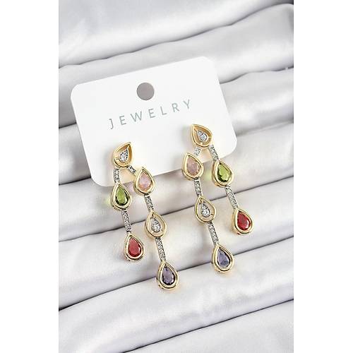 Pirin� �oklu Damla Model Kar��k Zirkon Ta�l� Gold Ve G�m�� Renk Kad�n K�pe