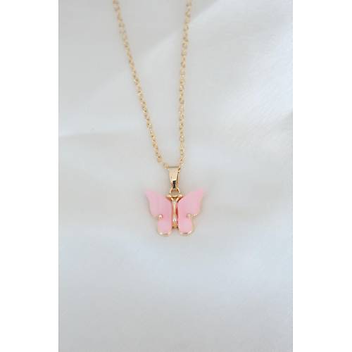Gold Kaplama Pembe Sedefli Kelebek Kolye