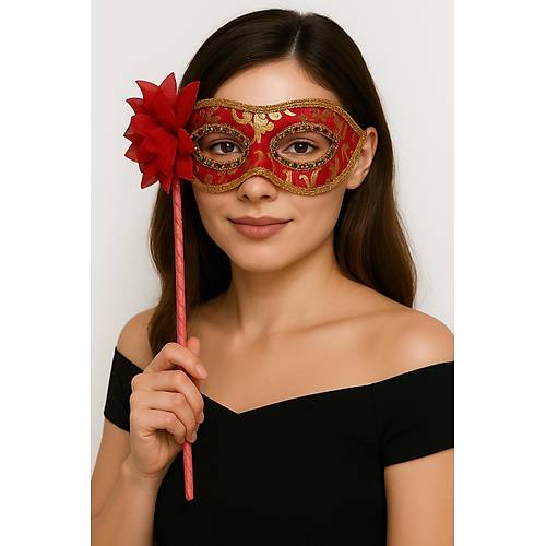 L�ks Ta�l� Sapl� Maskeli Balo Maskesi K�rm�z� Renk 35 cm