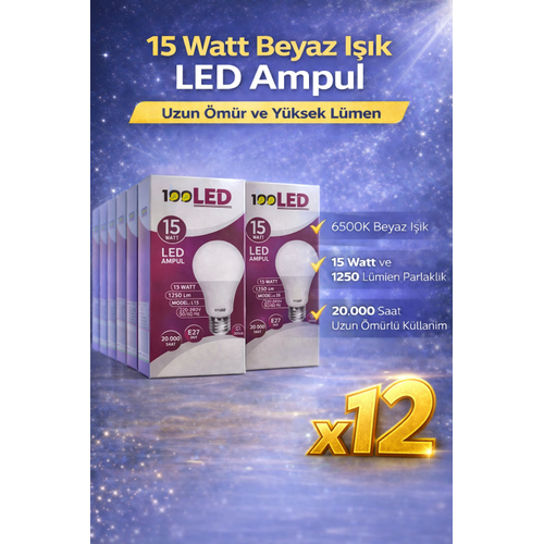 LED Ampul 15 Watt Beyaz I��k 6500K Y�ksek L�men E27 Duy Uzun �m�rl� 12 Adet