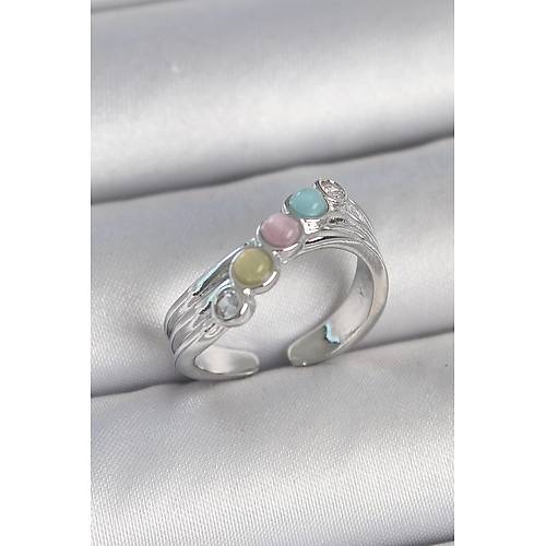 Pirin� G�m�� Renk Zirkon Ta� Detayl� Renkli Mineli Ayarlanabilir Kad�n Y�z�k