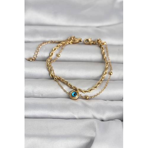 316L �elik Gold Renk Burgu Zincir ve Nazarl� Kad�n Bileklik