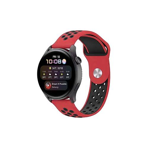 Watch 22mm Spor Delikli Kordon - K�rm�z�-Siyah