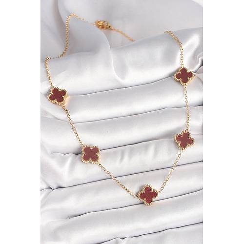 316L �elik Gold Renk Zincir Bordo Yonca Model Kad�n Kolye