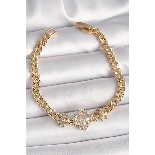 Pirin� Gold Renk Zirkon Ta�l� Yonca Fig�r Zincir Model Kad�n Bileklik