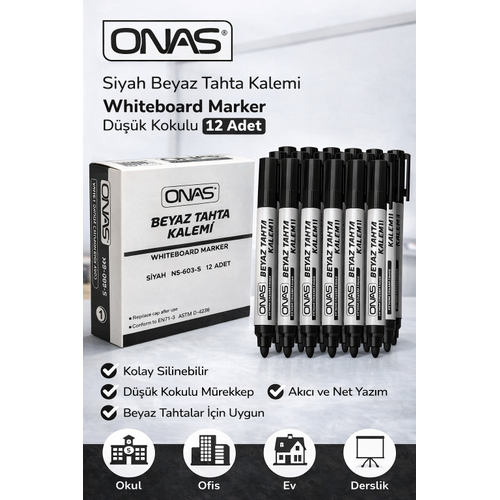 Onas Siyah Beyaz Tahta Kalemi Whiteboard Marker D���k Kokulu 12 Adet Kutu