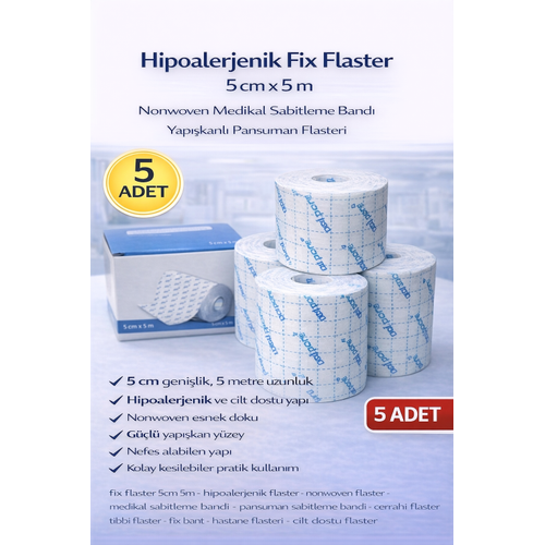 Hipoalerjenik Fix Flaster 5 cm x 5 m 5 Adet Nonwoven Medikal Sabitleme Band� Yap��kanl� Pansuman Flasteri