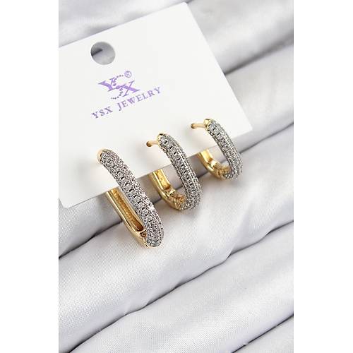 Pirin� Zirkon Ta�l� 3'l� Oval Dikd�rtgen Model Gold Ve G�m�� Renk Kad�n K�pe