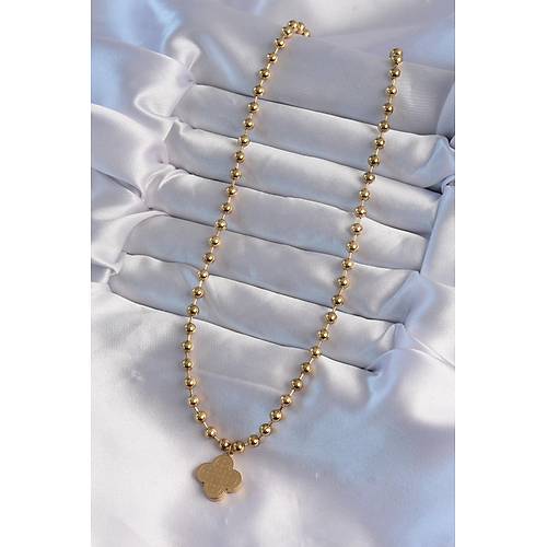 316L �elik Top Zincirli Gold Renk ��lemeli Yonca Model Kolye