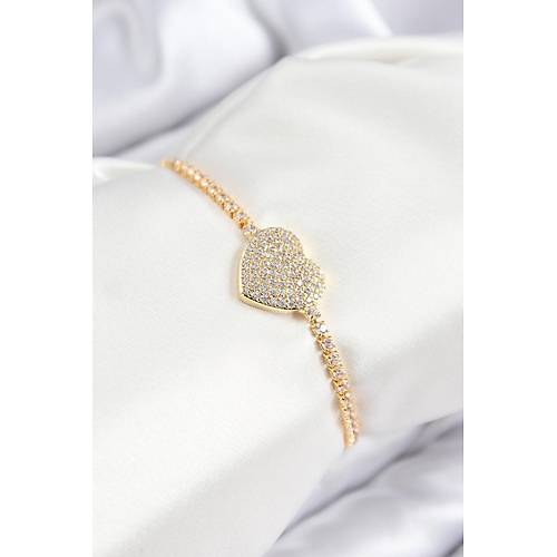 Pirin� Zirkon Ta�l� Kalp Model Gold Renk Asans�rl� Kad�n Bileklik
