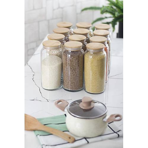 12'li Bambu Kapakl� Cam Kavanoz & Erzak Saklama Kab� Seti 1.300 ml B�y�k Boy ( Vakum Kapak )