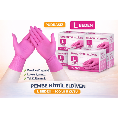 Pembe Nitril Eldiven L Beden Pudras�z 100�l� 5 Kutu Tek Kullan�ml�k Dayan�kl� Muayene Eldiveni Toplu Paket