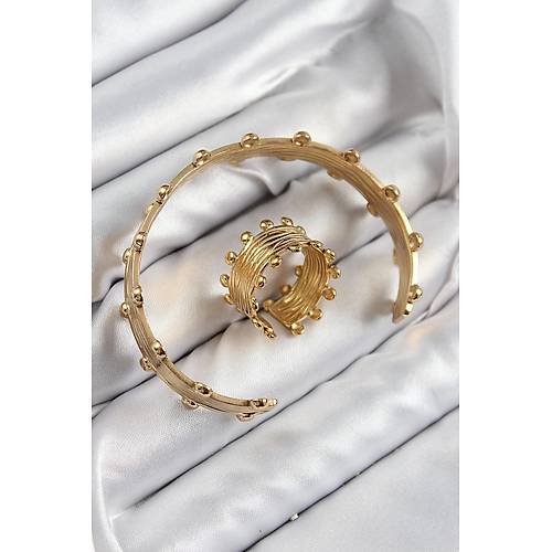Pirin� Topcuk Model Gold Renk Bileklik Y�z�k Set