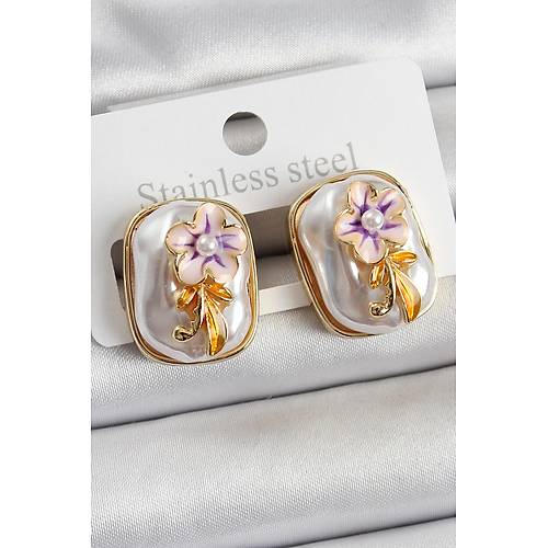 Pirin� Beyaz Mineli �nci Detayl� �i�ek Fig�rl� Sanatsal Portre Model Gold Renk Kad�n K�pe