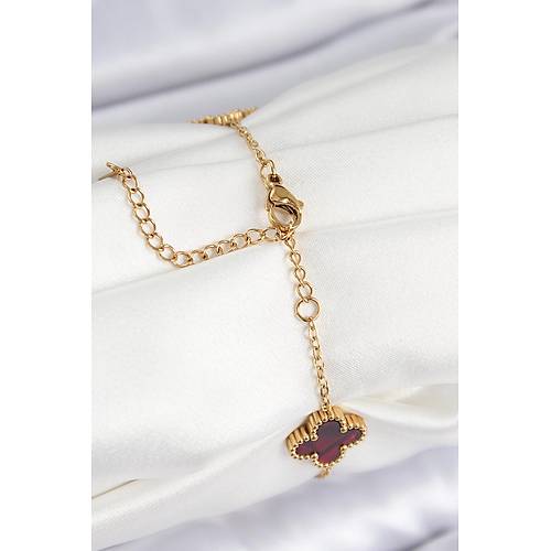 316L �elik Sedefli K�rm�z� Gold Renk Yonca Kad�n Bileklik