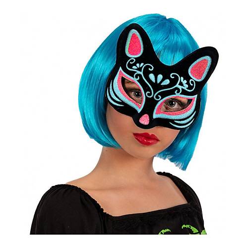 Siyah Renk S�et Kaplama �zeri Mavi K�rm�z� Simli Kedi Maskesi 17x14 cm