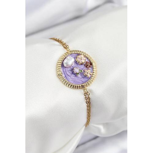 316L �elik Zincir Mor Mineli Sanatsal Portre �nci Detayl� �i�ek Model Gold Renk Kad�n Bileklik