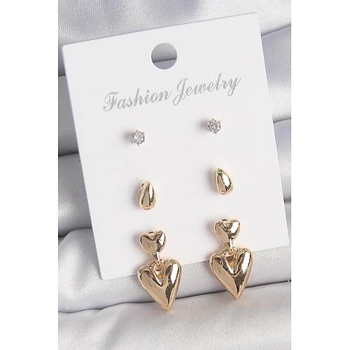 Pirin� Gold Renk Zirkon Ta�l� Sallant�l� Kalp Model 3 �ift Kad�n K�pe Seti