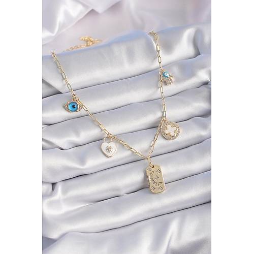 Gold Renk Zirkon Ta�l� �oklu Fig�r Model �ans Kolyesi