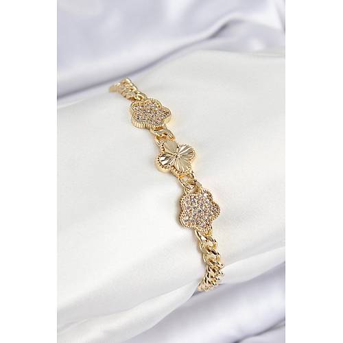 Pirin� Zirkon Ta�l� Yonca Model Gold Renk Kad�n Bileklik