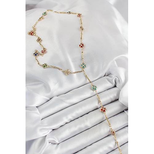 Pirin� Asorti Kalpli Yonca Model Gold Renk Zirkon Ta�l� Y Kolye