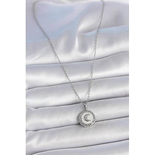 316L �elik G�m�� Renk Zincir Beyaz Mineli Hilal ��lemeli Madalyon Model Kad�n Kolye