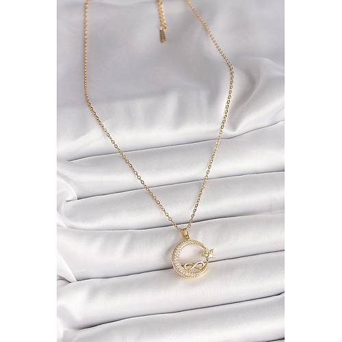 316L �elik Gold Renk Zincir Zirkon Ta�l� Ay Y�ld�z Model Sonsuzluk Detay Kad�n Kolye
