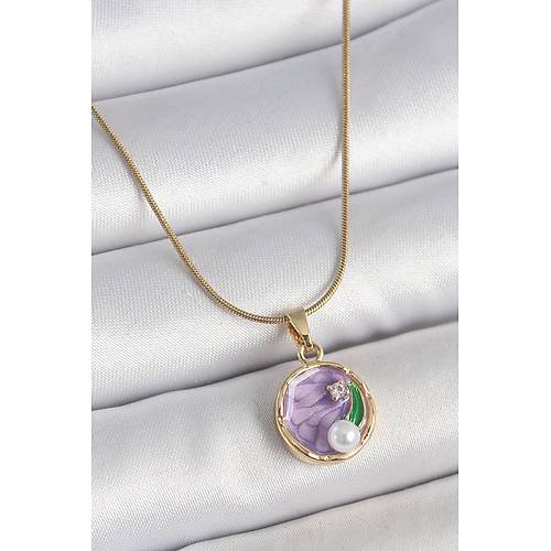 316L �elik Gold Renk Zincir Mor �i�ek ��lemeli Zirkon Ta� �nci Detayl� Minimal Portre Model Kad�n Kolye