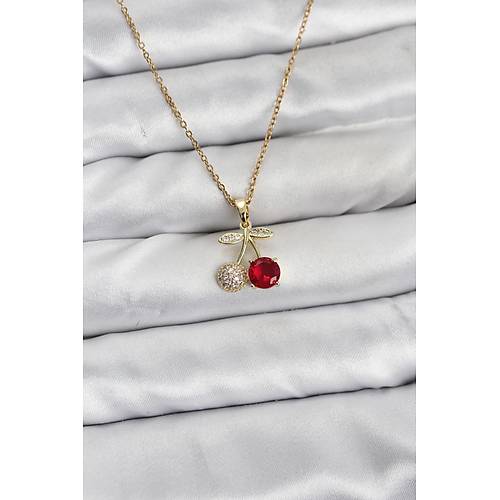 316L �elik Zincir Gold Renk Kiraz Model Zirkon Ta�l� Kad�n Kolye
