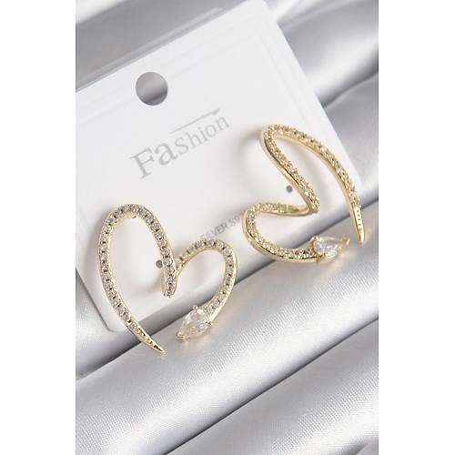 Pirin� Gold Renk Zirkon Ta�l� Y�lan Kalp Model Kad�n K�pe