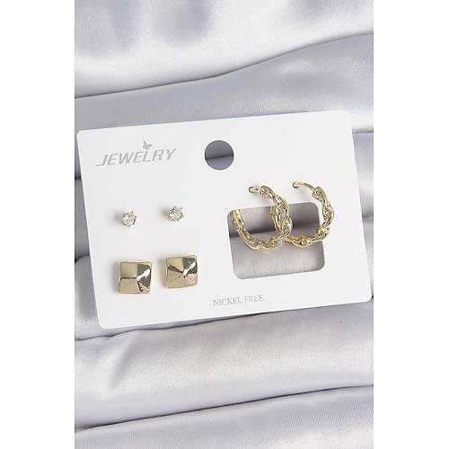 Pirin� Gold Renk Burgu Halka Model Zirkon Ta�l� Kare Detay 3 �ift Kad�n K�pe Seti