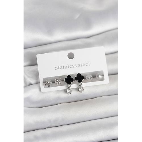 316L �elik G�m�� Renk Yonca Detayl� Kad�n K�pe Seti