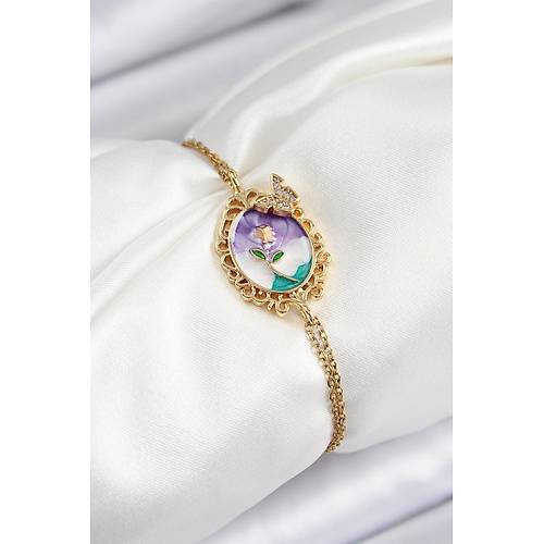 316L �elik Zincir Mineli Sanatsal Portre Zirkon Ta�l� Kelebek Detayl� �i�ek Model Gold Renk Kad�n Bileklik