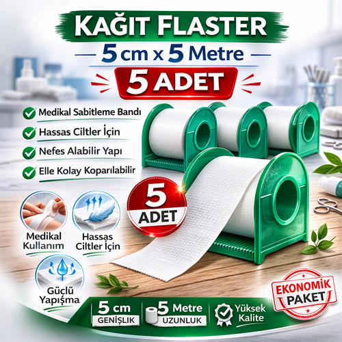 Ka��t Flaster 5 cm x 5 m 5 Adet Medikal Sabitleme Band� Hassas Ciltler ��in