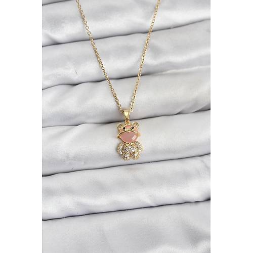 316L �elik Zincir Gold Renk Teddy Bear Model Zirkon Ta�l� Kad�n Kolye