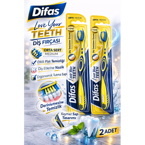 Difa� Love Your Teeth Di� F�r�as� 2 Adet Orta Sert Medium Ergonomik Sapl� Manuel Di� F�r�as�