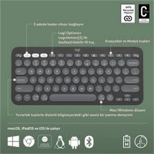 LOGITECH K380S PEBBLE KEYS 2 �OKLU C�HAZ �ZELL�KL� BLUETOOTH T�RK�E Q KLAVYE GRݠ920-011859