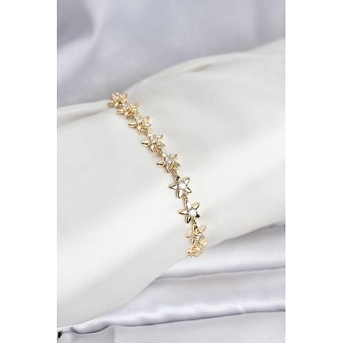 Pirin� Gold Renk VIP Seri S�ral� Ta�l� Y�ld�z Model Zirkon Ta�l� Kad�n Bileklik