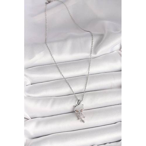 316L �elik G�m�� Renk Zincir Zirkon Ta�l� Kedi Model Kad�n Kolye