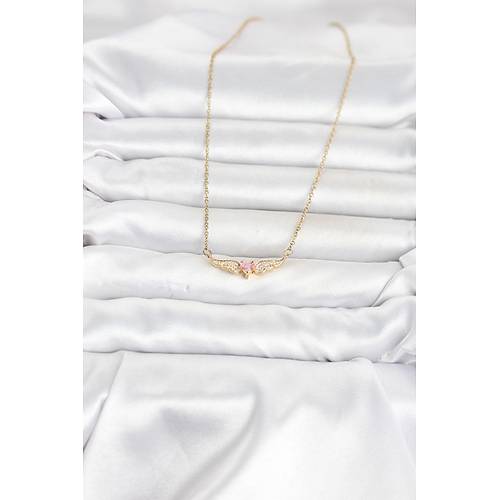 316L �elik Zincir Gold Renk Kanatl� Pembe Kalp Model Kad�n Kolye