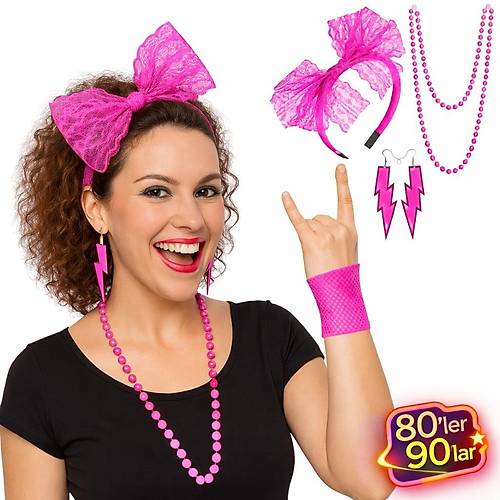 80�ler 90�lar Neon Pembe Parti Seti � Kolye K�pe Ta�