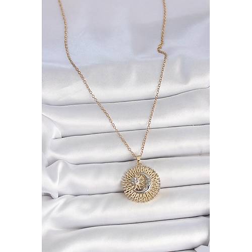 316L �elik Gold Renk Mix Renk Ay G�ne� Model Kad�n Kolye